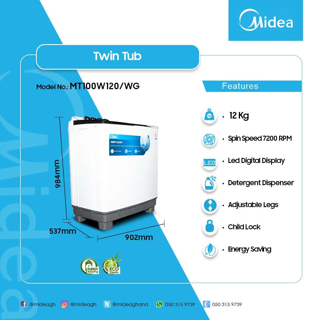 MIDEA 12KG TWIN TUB WASHING MACHINE MT100W120/WG - Image 2