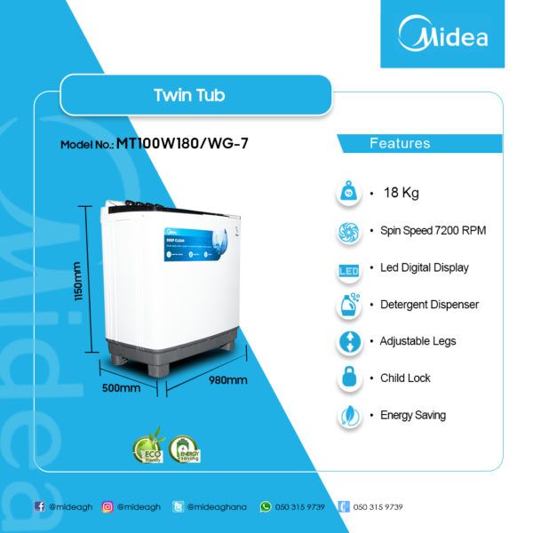 MIDEA 18KG TWIN TUB WASHING MACHINE MT100W180/WG-7 - Image 3