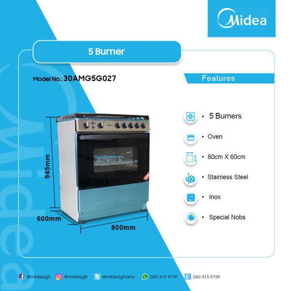 MIDEA 5 BURNER GAS COOKER WITH OVEN 30AMG5G027-SILVER - Image 3