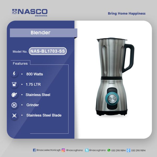 NASCO 1.75LTR 800WATTS BLENDER NAS-BL1703-SS - Image 4