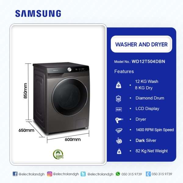 SAMSUNG 12KG WASHER & 8KG DRYER WASHING MACHINE WD12T504DBN/NQ - Image 2