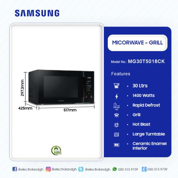 SAMSUNG 30LTR GRILL MICROWAVE MG30T5018CK/SM - Image 3