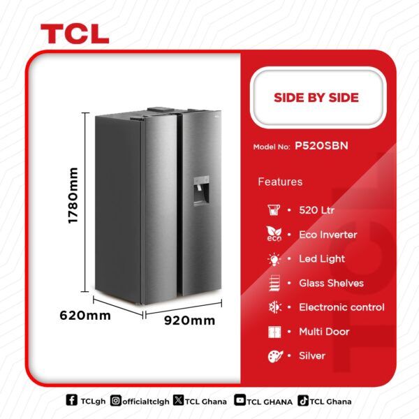 TCL REFRIGERATOR 520L SIDE BY SIDE P520SBN - Image 2