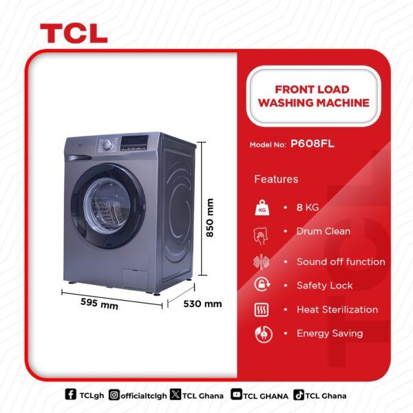 TCL WASHING MACHINE FRONT LOAD 8KG” P608FL - Image 3